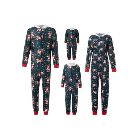 

wybzd Christmas Family Matching Jumpsuit Pajamas Parent-child Hooded One piece Sleepwear Elk Snowflake Print Zip Up Pjs