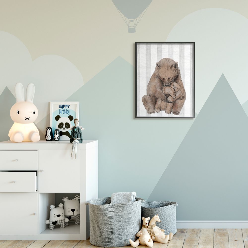 Stupell Industries Bear and Cub Family Grey Stripe Nursery Illustration Framed Wall Art Design by Daphne Polselli, 24" x 30", Black Framed
