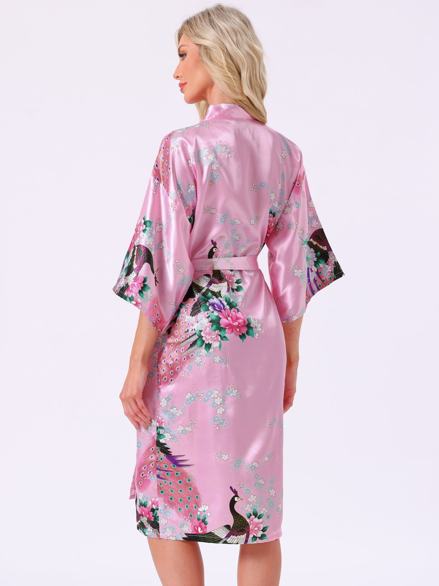 DARING DIVA Women's Satin Floral V-Neck 3/4 Sleeve Peacock Print Nightgown S Pink
