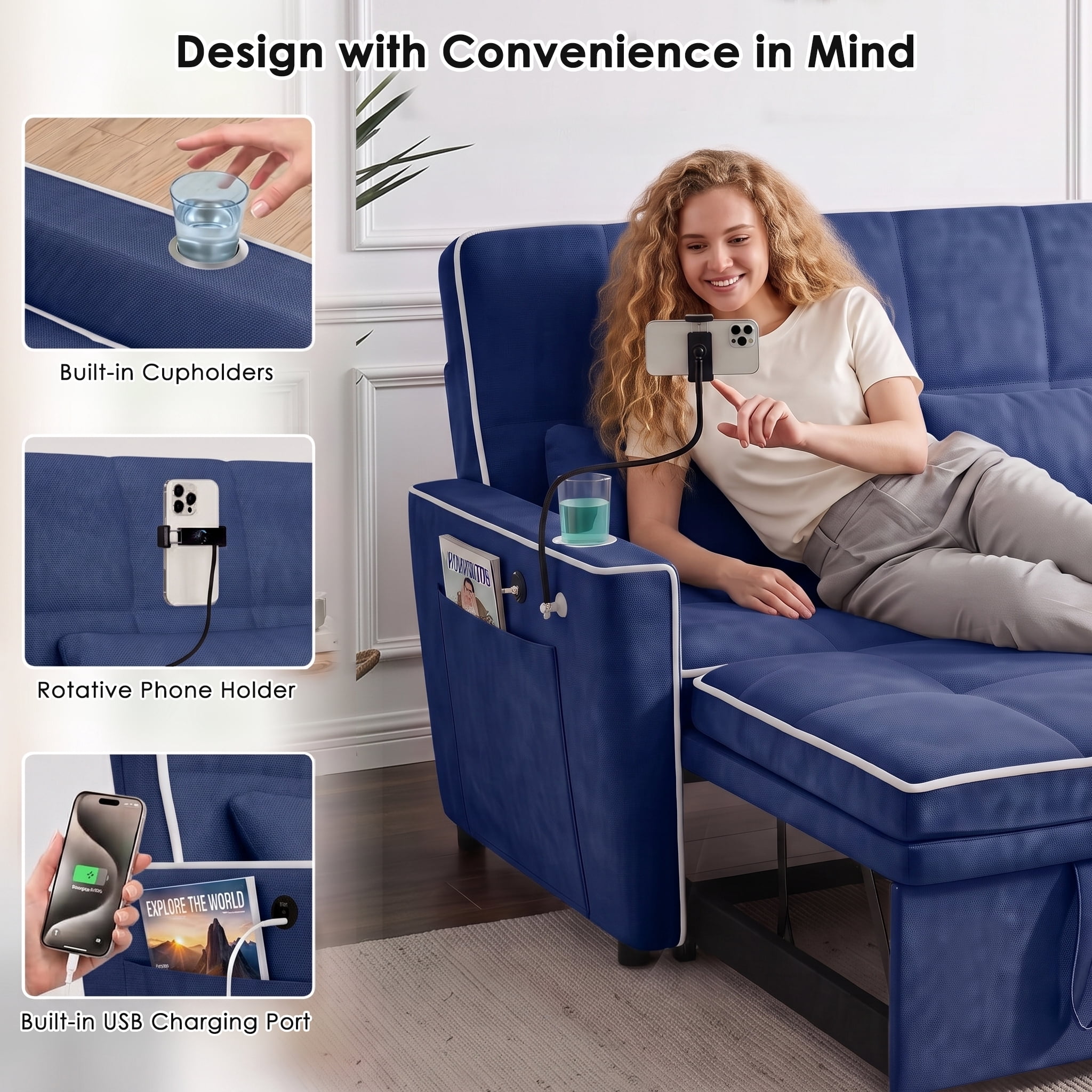 AISWORD 54" Convertible Sleeper Sofa Bed, Pull Out Loveseat Couch with USB Port, Phone Holder & Cup Holder, Adjustable Backrest for Apartment, Living Room, Office, Blue