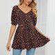 thumbnail image 3 of Camiseta con cuello en V para mujer, mangas abullonadas, camiseta con estampado suave y cómodo para compras diarias, 3 of 6