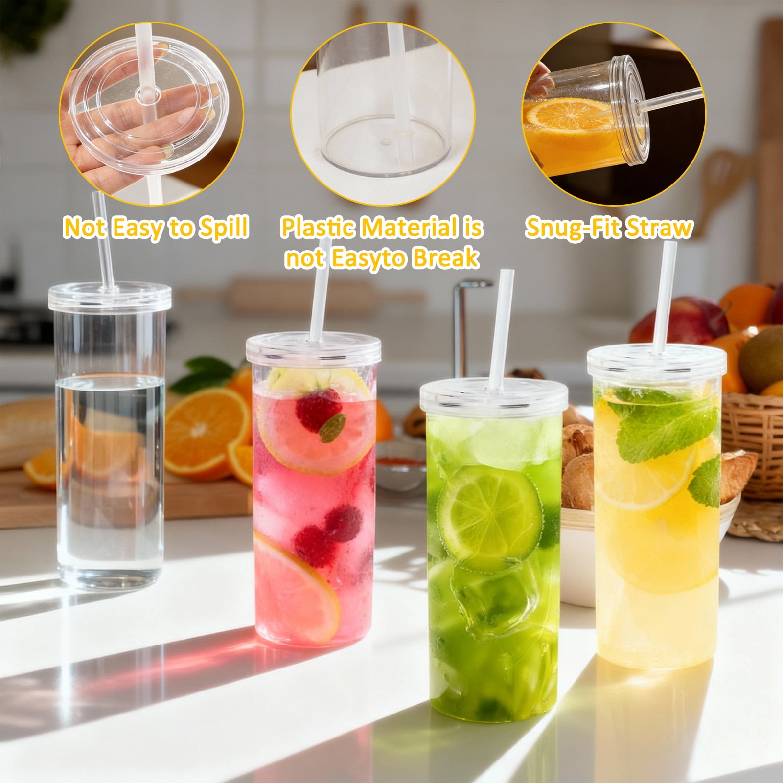 Koomade 2-Pack 20oz Clear Plastic Tumblers with Straws, Shatter-Resistant
