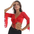 thumbnail image 3 of YiZYiF Women Belly Dance Tops Flare Sleeve Tassels Cover-Up Lace Crop Tops Cardigan with Bells, 3 of 7