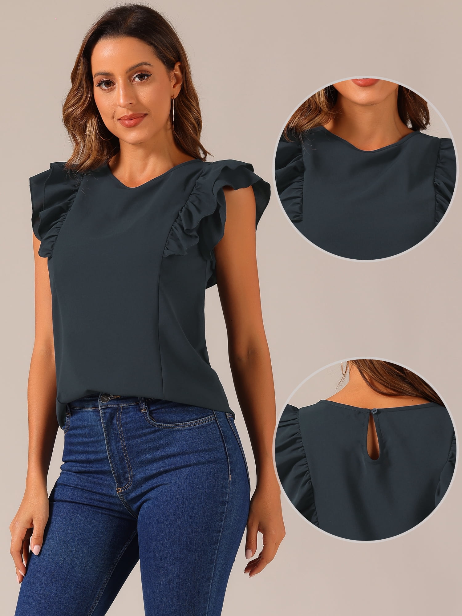 DARING DIVA Women's Ruffle Round Neck Layer Cap Sleeve Blouses XS Black