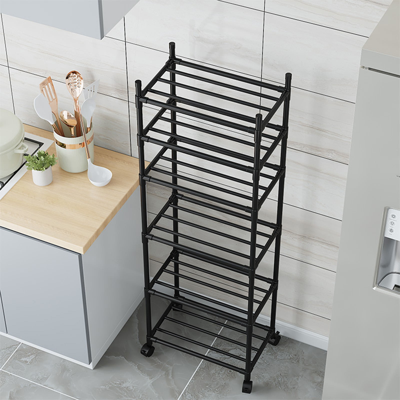 Tahtuvzn School Bathroom Storage Trolley Home Shelf Book Toy Organiser, Plastic, Black, 66.9x15.7x12.6in