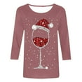 thumbnail image 4 of Ensemble de Verre Rouge de Noël pour Femmes, Chemise Imprimée à Col Rond, Manches Trois Quarts Longues, T-Shirt Décontracté Confortable, Chemises pour Femmes, Haut de Compression, 4 of 5