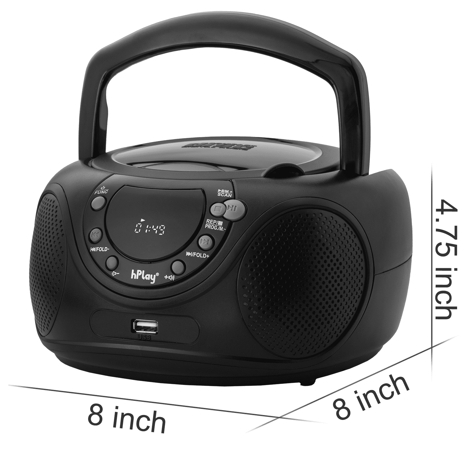 hPlay P16 Portable CD Player Boombox with Bluetooth, FM Digital Radio, USB/MP3 Playback, Aux-in & Headphone Jack - AC/Battery Powered Stereo System (Black)