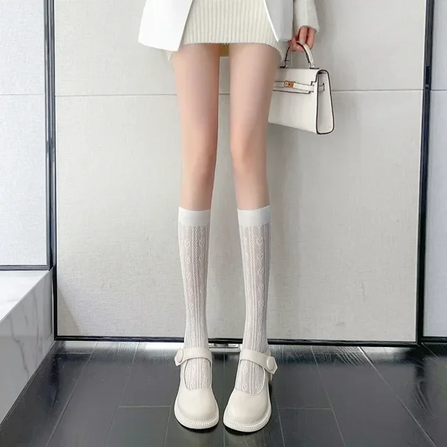 Calcetines largos de encaje con estampado de flores para mujer, medias de rejilla hasta la rodilla, Sexy, transparente, Lolita, Kawaii