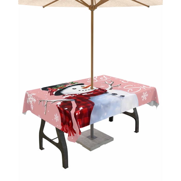 Fsddascl Pink Christmas Outdoor Tablecloth - 60x102 Inch Rectangle Dining Table Cover, Snowflake Snowman Xmas Birds Berry Waterproof Outdoor Table Cloth with Umbrella Hole & Zipper for Picnic/Patio