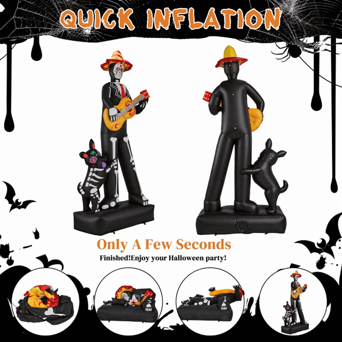 Alvantor 7.2 ft Day of the Dead Halloween Inflatable Decoration with Skeleton Musician, Dog and 6 LED Lights