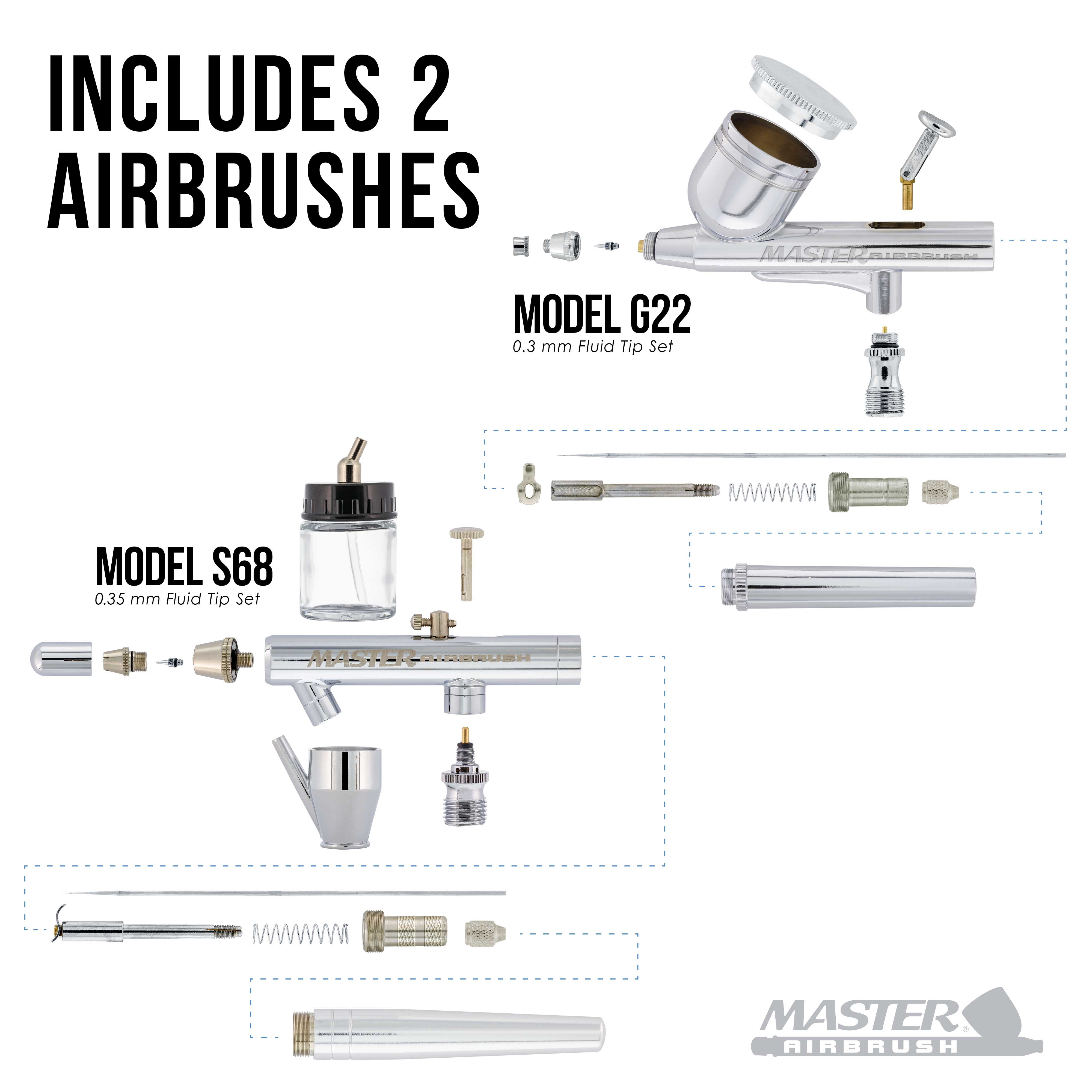 Master Airbrush Cool Runner II Dual Fan Air Compressor Airbrushing System Kit with 2 Professional Airbrushes, Gravity and Siphon Feed - 6 Primary Opaque Colors Acrylic Paint Artist Set - How to Guide