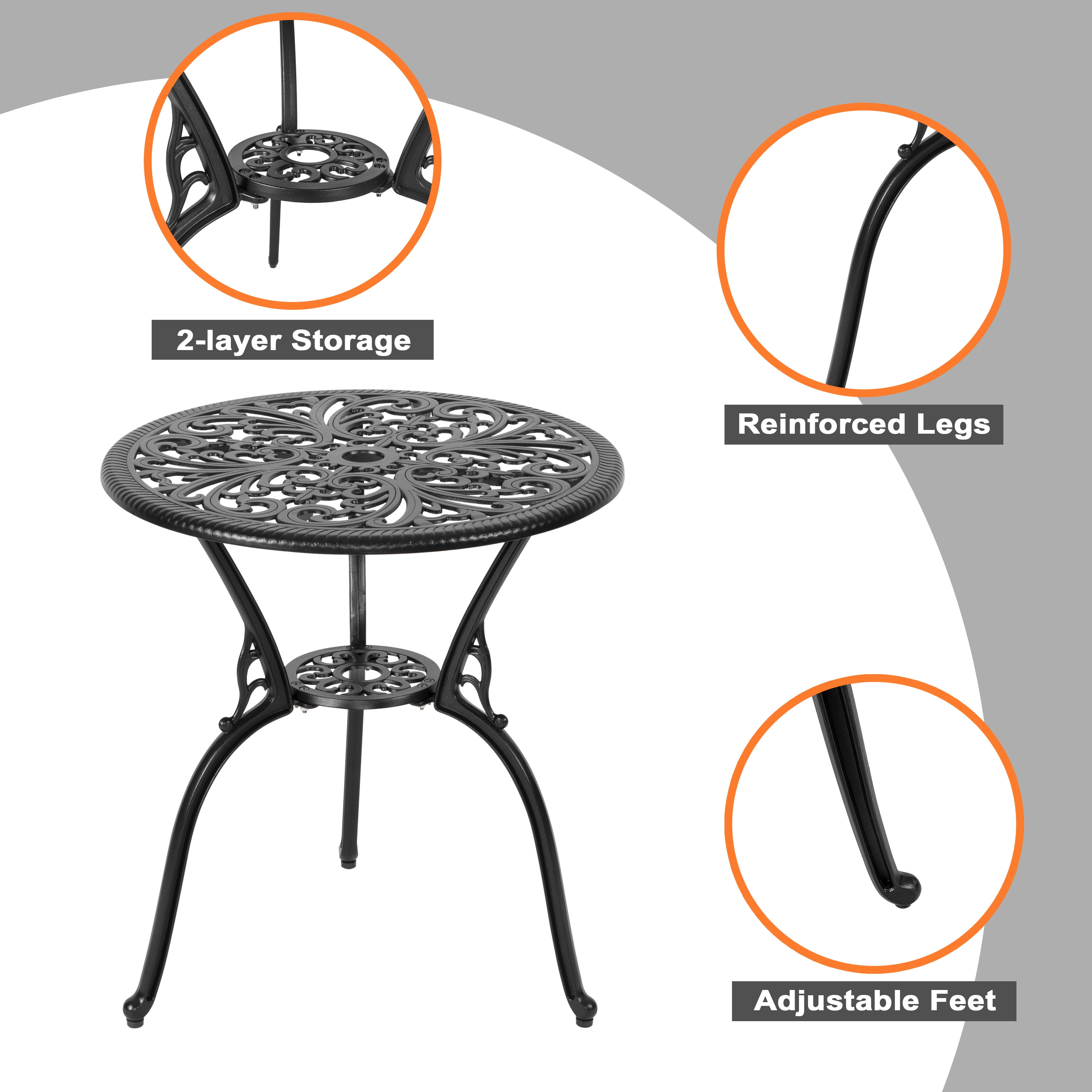 Nuu Garden 3-Piece Outdoor Bistro Set with 1.4'' Thick Cushions, Round 24 Inch Cast Aluminum Round Table with 1.77'' Umbrella Hole and 2 Cast Aluminum Armless Chairs, Black