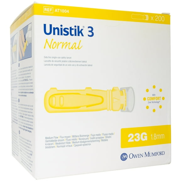 Unistik 3 Normal Single Use Safety Lancets 23G X 1.8mm Yellow - Box of 200