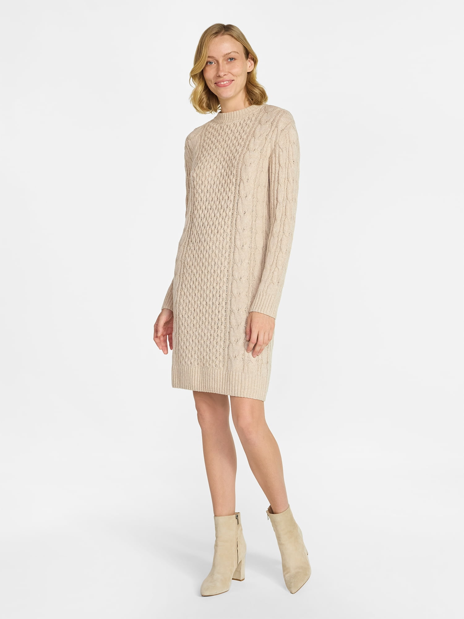 Time and Tru Women's Cable Knit Sweater Dress with Long Sleeves, Sizes XS-3XL