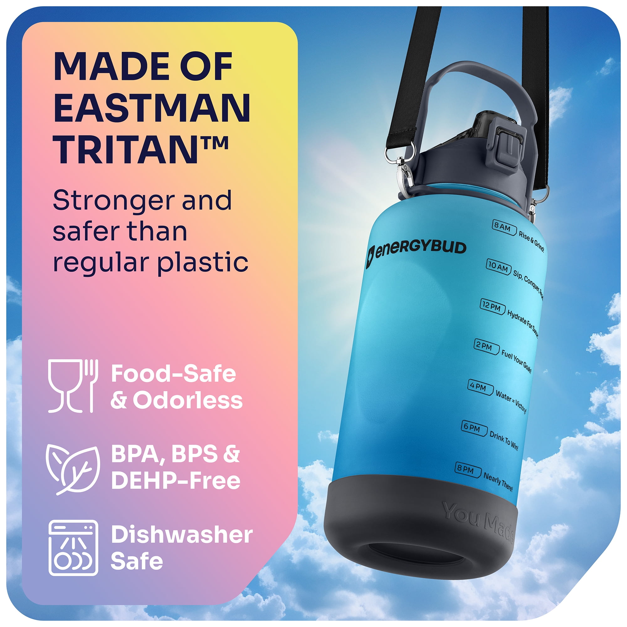 EnergyBud 1 Gallon Water Bottle with Straw and Handle, Large Motivational 128 oz BPA-Free Leakproof Water Jug with Strap and Time Marker for Fitness, Gym, Outdoor, and Daily Hydration