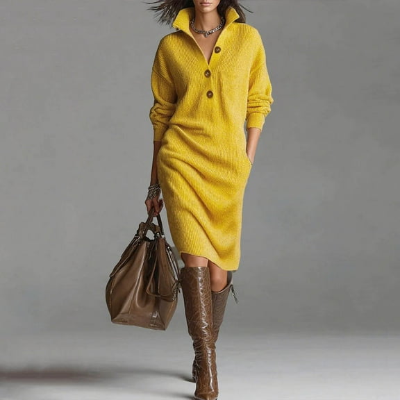 YueHuiYing Women's Solid-Color Casual Button-Down Collar Loose-Fit Straight-Cut Knit Mid-Length Sweater Dress with Pockets