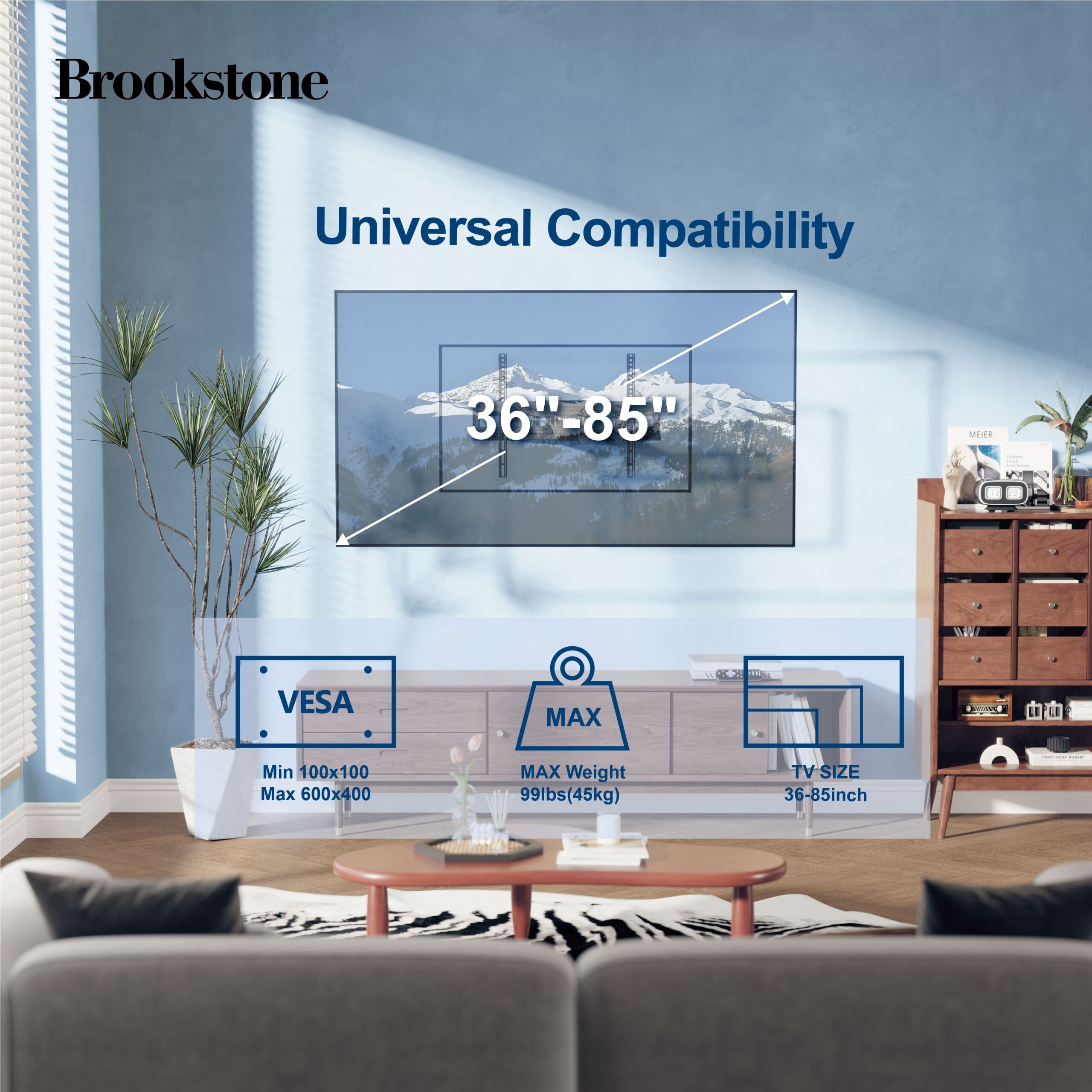 Brookstone Full Motion Wall Mount for 36″–85″ TVs, 99 lbs Capacity, Swivel, Tilt & Level Adjustment