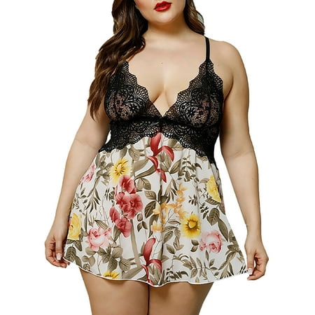 

LAPA Women s Plus Size Christmas Sexy Spaghetti Lace Lingerie Set Babydoll Print Nightdress