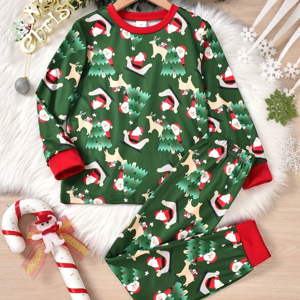 2pcs Pijama De Navidad Para Niños, Conjunto De Camiseta De Manga Larga Y Pantalones, Patrón De Santa Elk De Dibujos Animados, Ropa Cómoda Para Dormir, Conjunto De Pijama Casual, Ropa De Niño