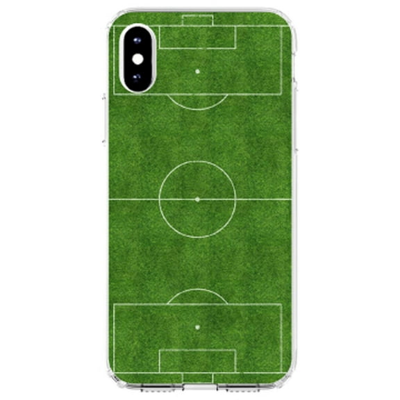 DistinctInk Clear Shockproof Hybrid Case for iPhone XS Max (6.5" Screen) - TPU Bumper, Acrylic Back, Tempered Glass Screen Protector - Soccer Field Layout