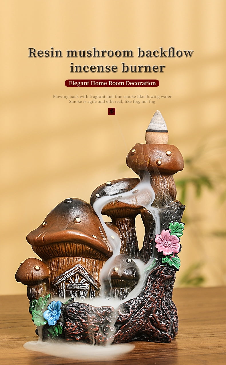 Mushroom House Backflow Censer Backflow Incense Burner Resin Mushroom House Incense Burner Mushroom Incense Holder Flowing Smoke Burner for Relax Desktop Ornament