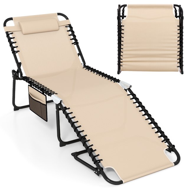 Gymax Oversize Folding Chaise Lounge w/ Adjustable Backrest Detachable Pillow Pocket Beige