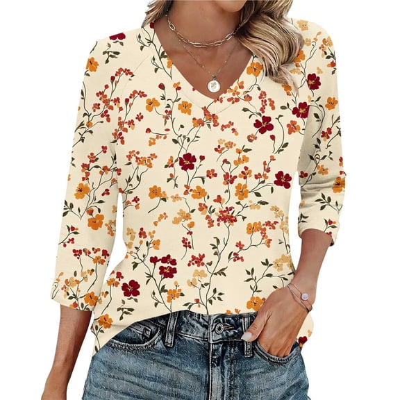 Tunic Blouse for Women V Neck 3/4 Sleeve Vintage Boho Style Small Floral Print Soft Breathable Stretchy Fabric Casual Daily Tops