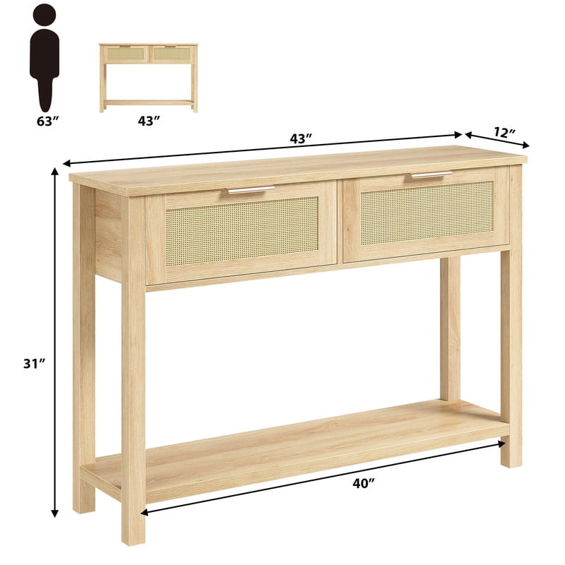 TROPOW Farmhouse Rattan Entryway Console Table, 43" Narrow Sofa Table Behind Couch, Wood Hallway Entry Table with Drawers, Open Shelf Storage, Entryway Furniture Home Decor Accent Table