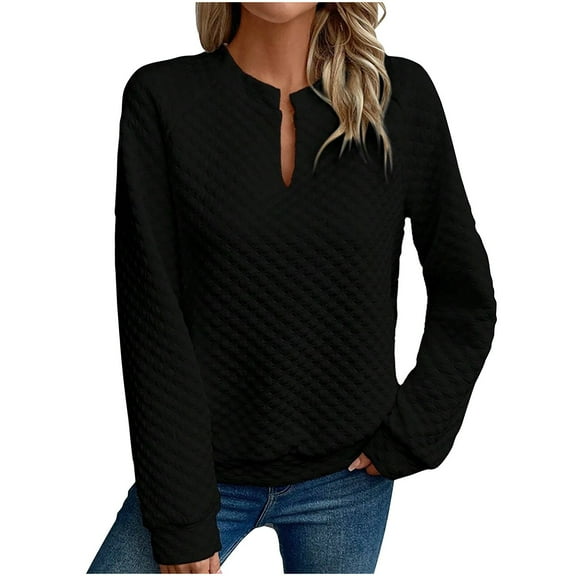 TKLPEHG Women'S Sweatshirts V Neck Sweatshirt Classic Solid Color Fashion Casual Comfy Long Sleeve Lightweight Loose Pullover (Black,L)