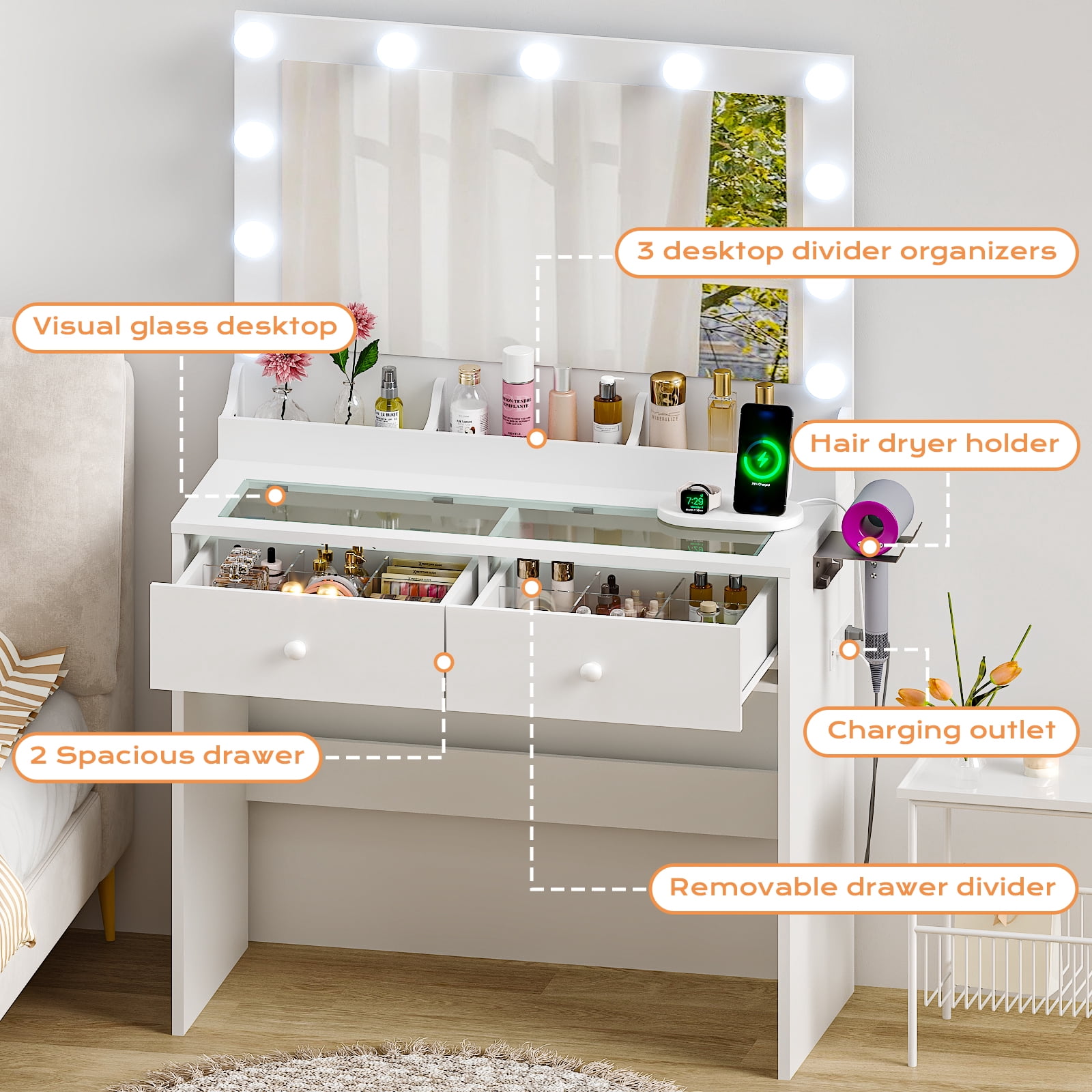 Ktaxon Get Ready with Me GRWM Makeup Vanity Desk with Lighted Mirror, Dressing Table W/Charging Station & Hair Dryer Rack,White