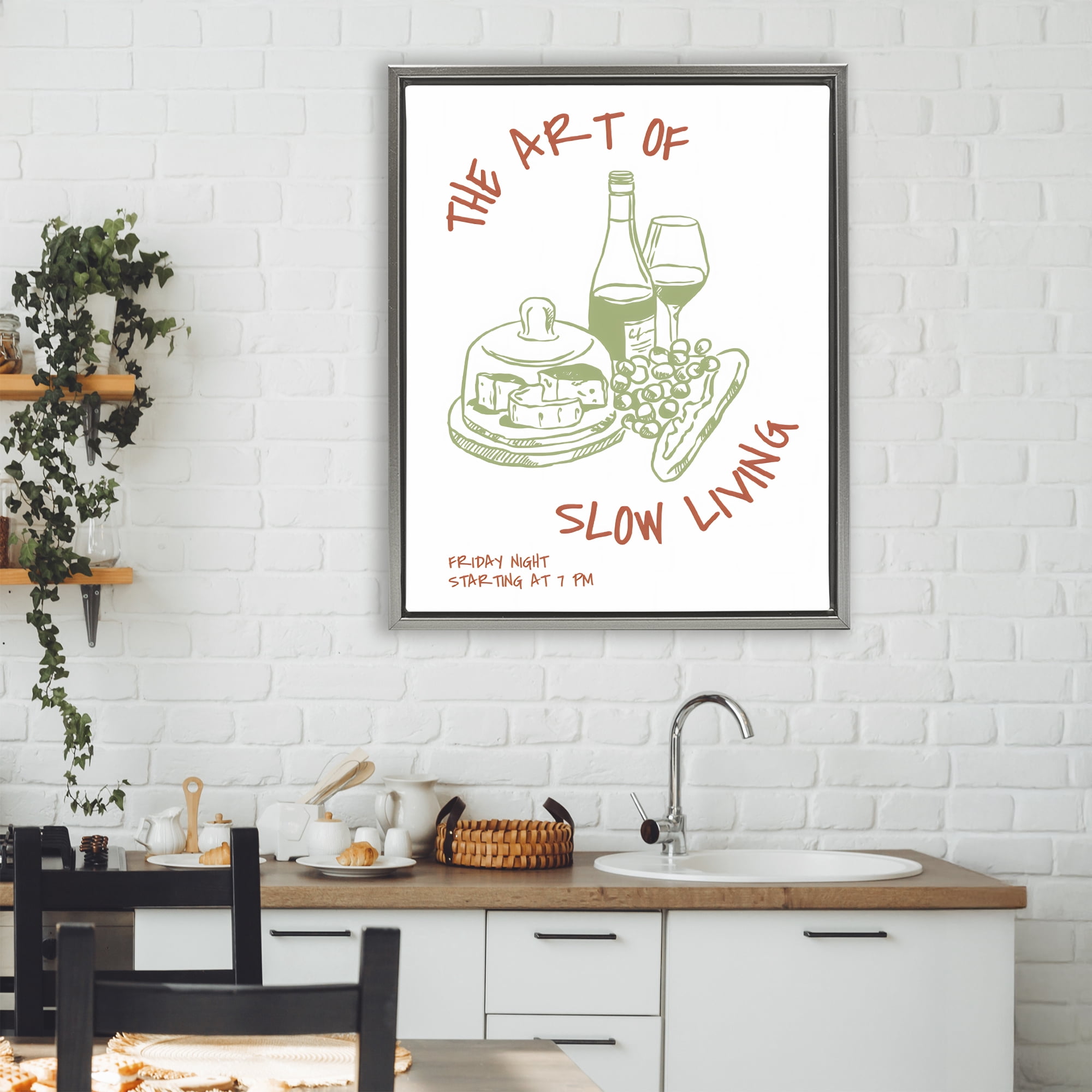 Stupell Industries Slow Living Wine & Cheese Gray Framed Floater Canvas Wall Art, design by The Prints Vibe