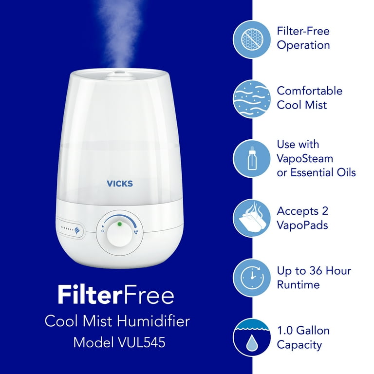 Vicks 1 Gallon Filter Free Cool Mist Humidifier 400 Sq ft White VUL545