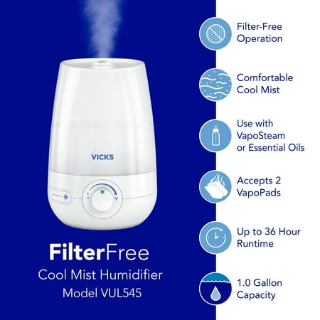 Vicks 1 Gallon Filter Free Cool Mist Humidifier, 400 Sq ft, White, VUL545