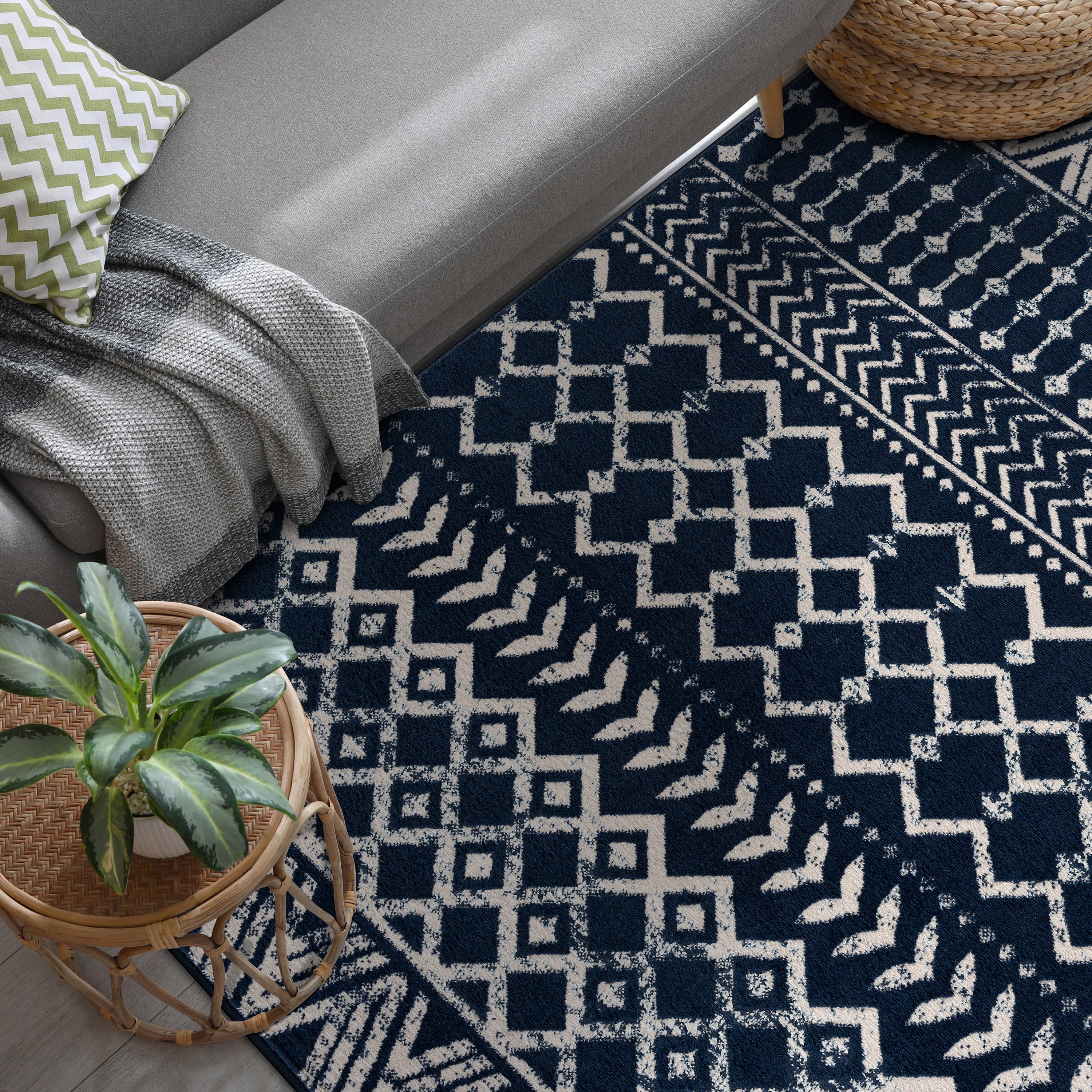 CAMILSON Crystal Navy Blue Area Rug 5'x7' Oval Boho for Living Room Bedroom Dining Room Navy Blue / Cream Indoor Area Rugs