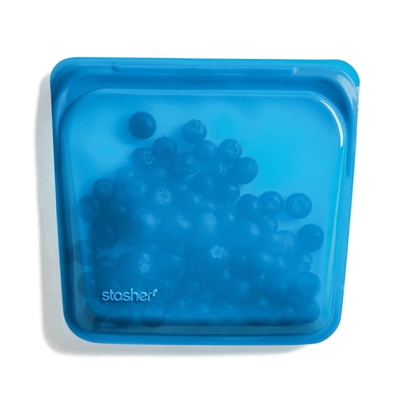 Stasher Premium Food-Grade Silicone Reusable Food Storage Container, Holds 28 oz, Leak Free Pinch Loc Seal, Blueberry Blue, 1 Bag