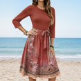 thumbnail image 2 of WTOBBY Women's Chic Floral Print Waistband Round Neck 3/4 Sleeve Dress, Flowy Midi Sundress with Comfort Fit for Daily Activities,Red 2XL, 2 of 5