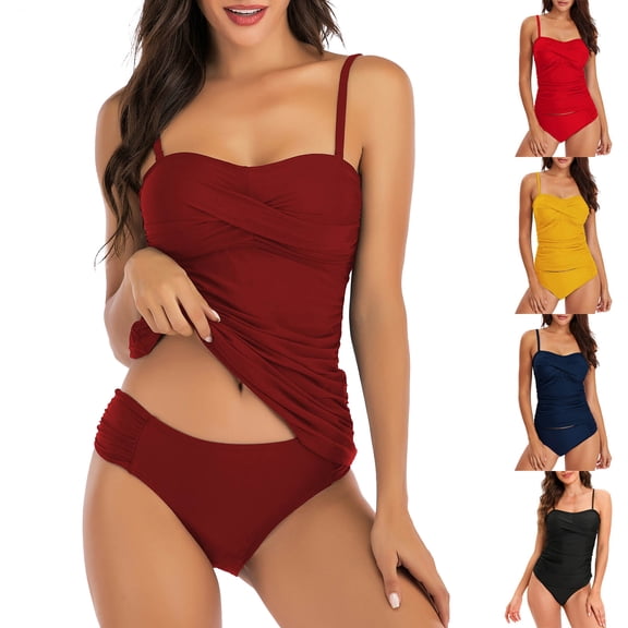 Dgankt Women's Two Piece Swimsuit Ruched Tankini Bathing Suit Tummy Control Split Swimwear,Sizes S-2XL