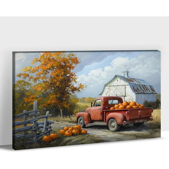 Aaheei Autumn Farmhouse Truck Wall Art, Old Red Truck Canvas Prints, Sunny Fall Farm Pumpkin Picture for Home Decor, Rustic Barn Painting Posters Artwork for Country Wall Decor