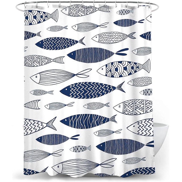 Polyester Nautical Fish Print Bathroom Shower Curtain, 72" X 72", Waterproof and Machine Washable with Hooks (White and Blue)