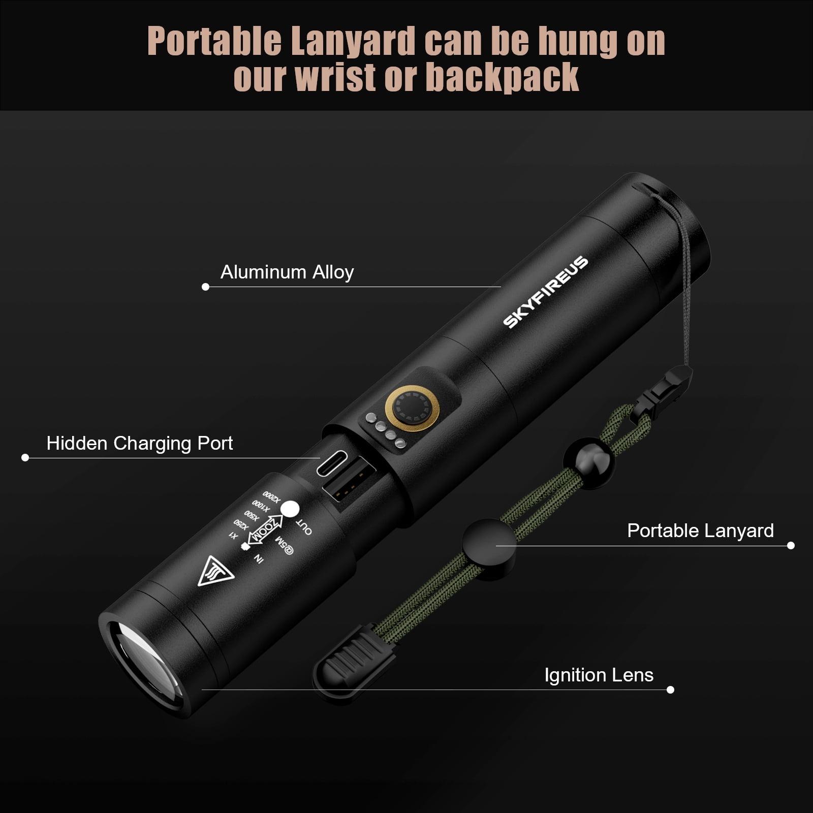 Skyfire Rechargeable Flashlight with Ignition Lens, Ultra-High Lumen LED, Tactical Design, 1PC