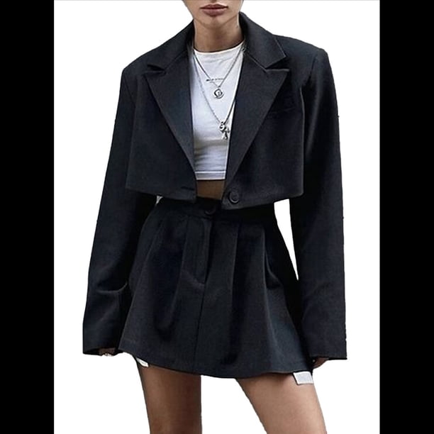 Conjunto de 2 Piezas para Mujer, Chaqueta y Falda Corta, Cuello de Solapa, Informal, Larga, Botones, para Oficina, Otoño Negro M