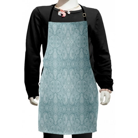 Abstract Kids Apron, Intricate Swirl Circles Rhythmic Motifs Charcoal Look Bicolored Pattern, Boys Girls Apron Bib with Adjustable Ties for Cooking Baking Painting, Dark Teal and White, by Ambesonne