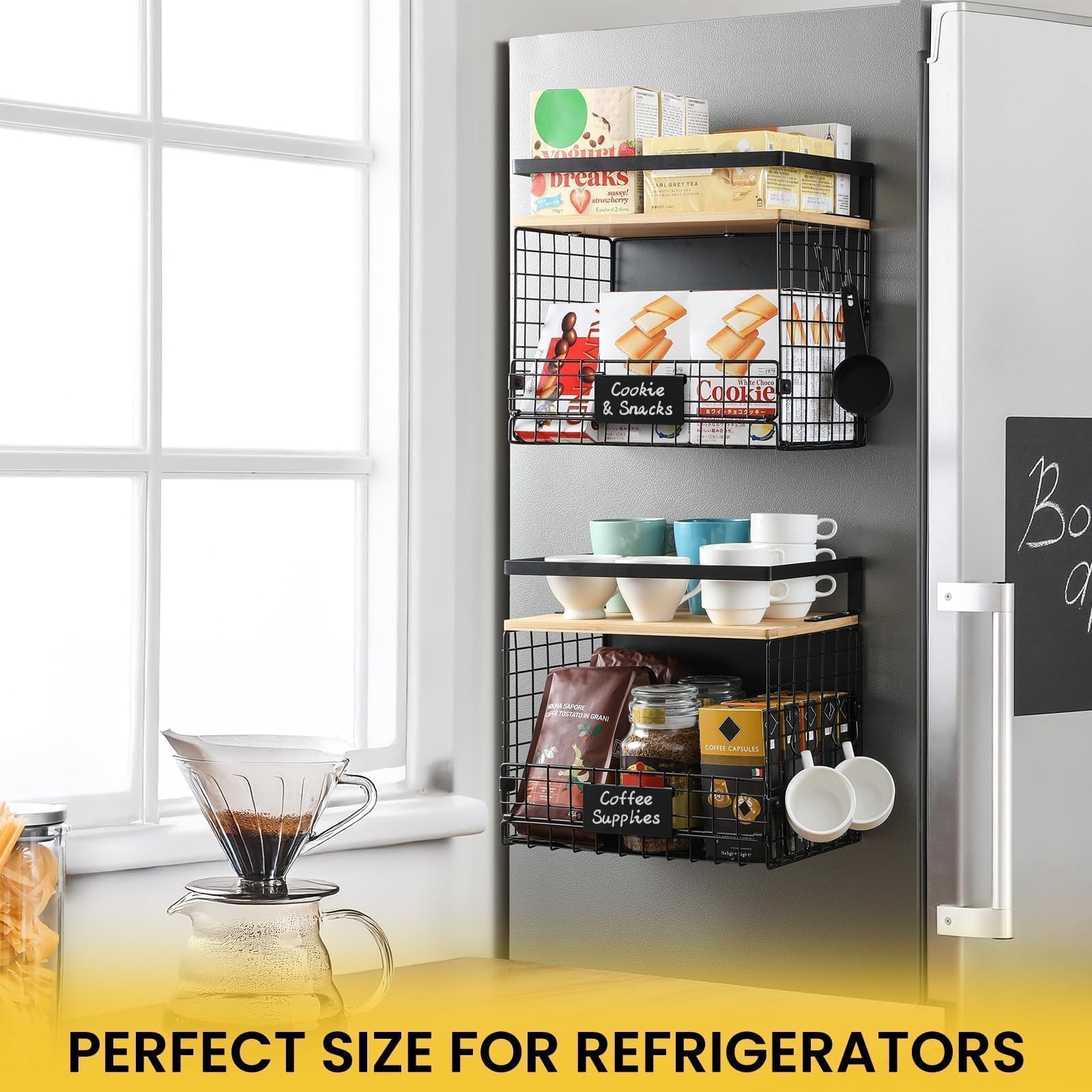 [wider Shelf] 1 Set Strong Magnetic Shelf Basket For Fridge With Tag & Top  Xxl Large Spice Rack Shelves Side Of Refrigerator Kitchen Pantry Storage Organizer Food Fruit Veg