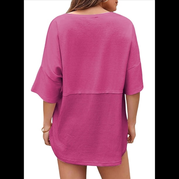 Blusas de Punto Gofre para Mujer, Moda 2025, Blusas de Patchwork Extragrandes con Cuello Redondo y Mangas 3/4, Color Rosa y Rojo XL