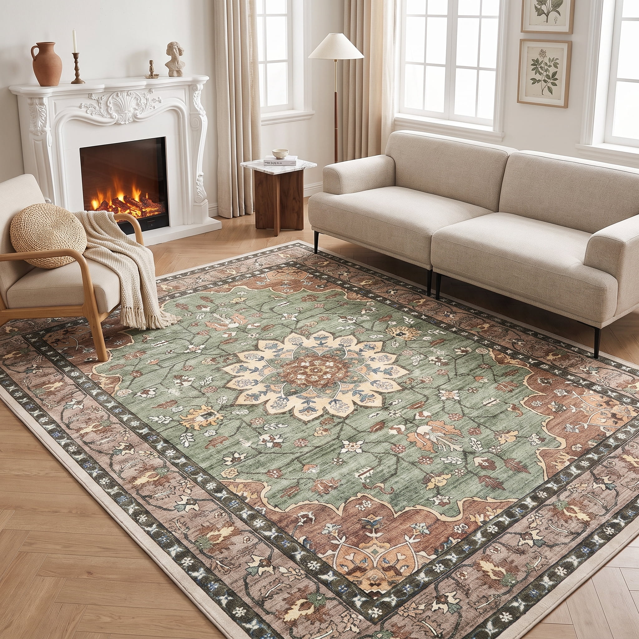 Prilinex 8'x10' Area Rug Living Room Rug, Large Washable Rug for Bedroom Dining Room, Vintage Floral Carpet Low Pile Distressed