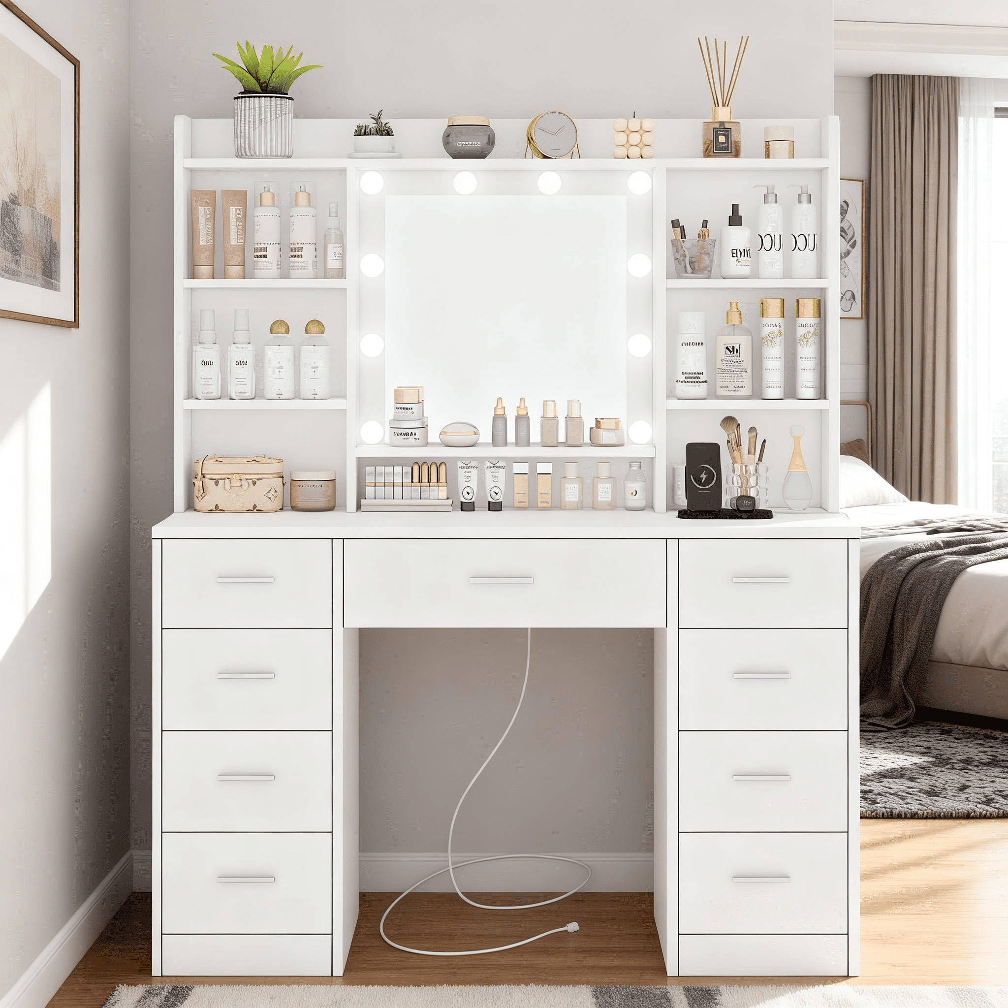 Makeup Vanity Table with 3-Color LED Lights Mirror, Vanity Table with 9 Drawers and 7 Storage Shelves, Vanity Desk for Bedroom Dressing Room, White