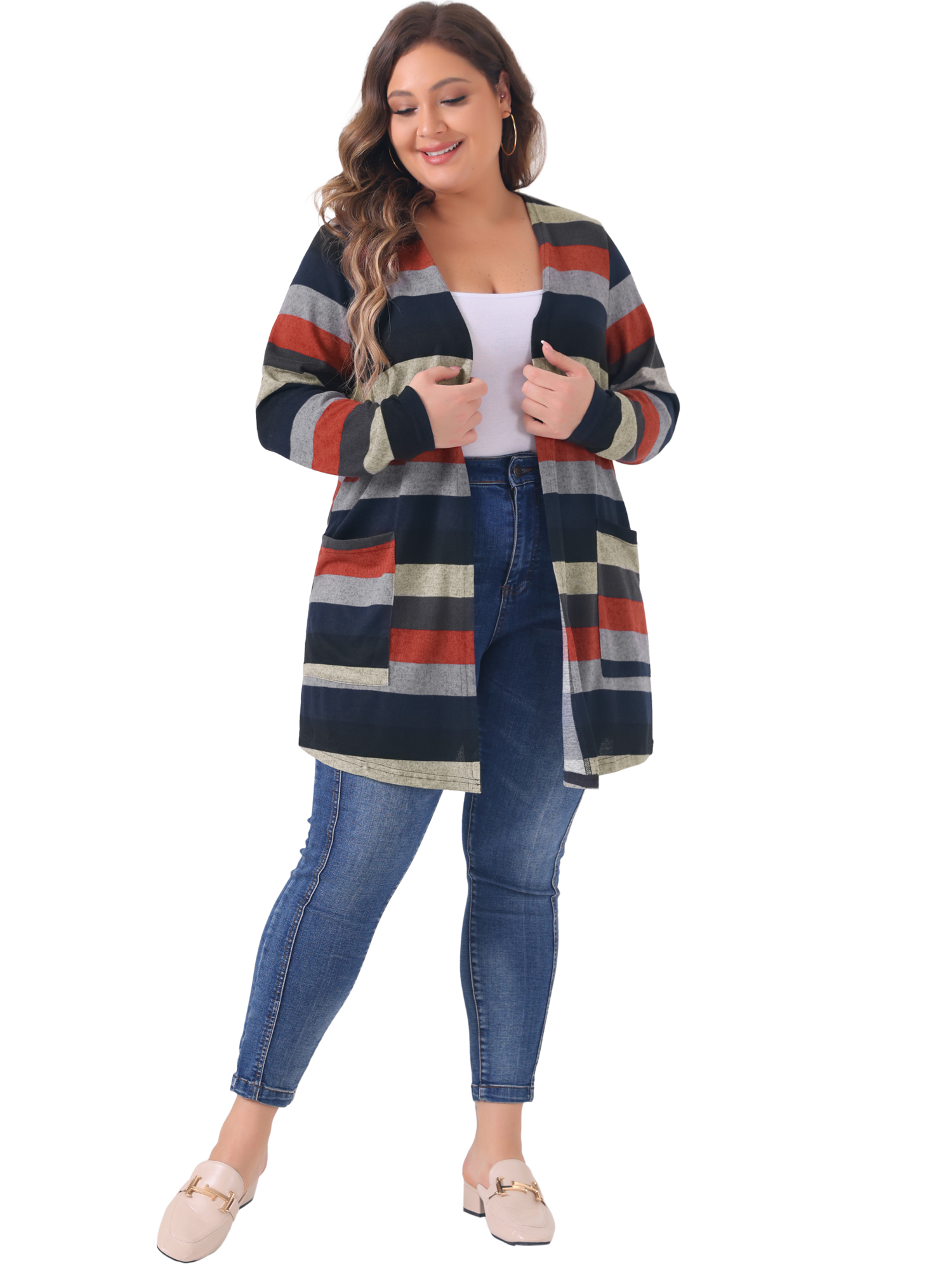 DARING DIVA Plus Size Open Front Long Sleeve Stripe Cardigan 2X Black Red