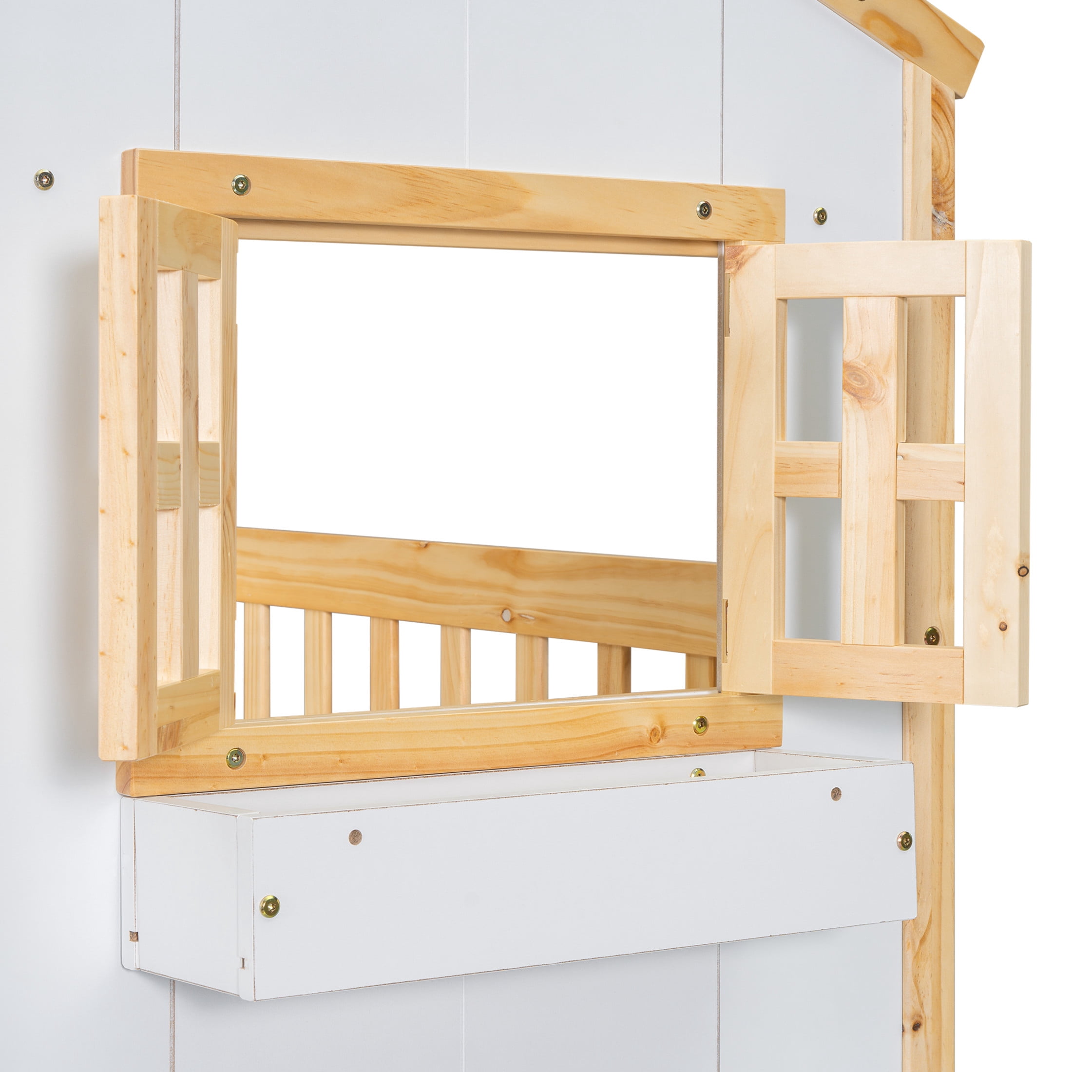 Noble House Twin Over Twin House Bunk Bed, Pine Wood Frame with Safety Guardrails and Ladder, Natural + White