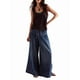 thumbnail image 1 of Pantalones Vaqueros Holgados de Pierna para Mujer, con Cintura Media, Acampanados, con Cordón y Botones Plisados con Volantes. Azul Profundo S, 1 of 8