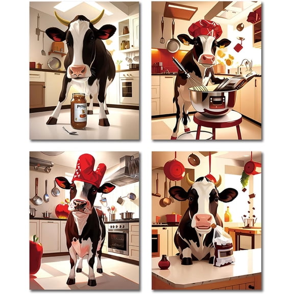 Canvas Funny Cow Kitchen Wall Art Canvas Prints,Farm Animal Art Posters Dining Room Aesthetics Decorations Set of 4 (8x10 inch Unframed)